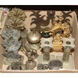 A box of miscellaneous metalware, to include a pair of Victorian brass doorsteps in the form of