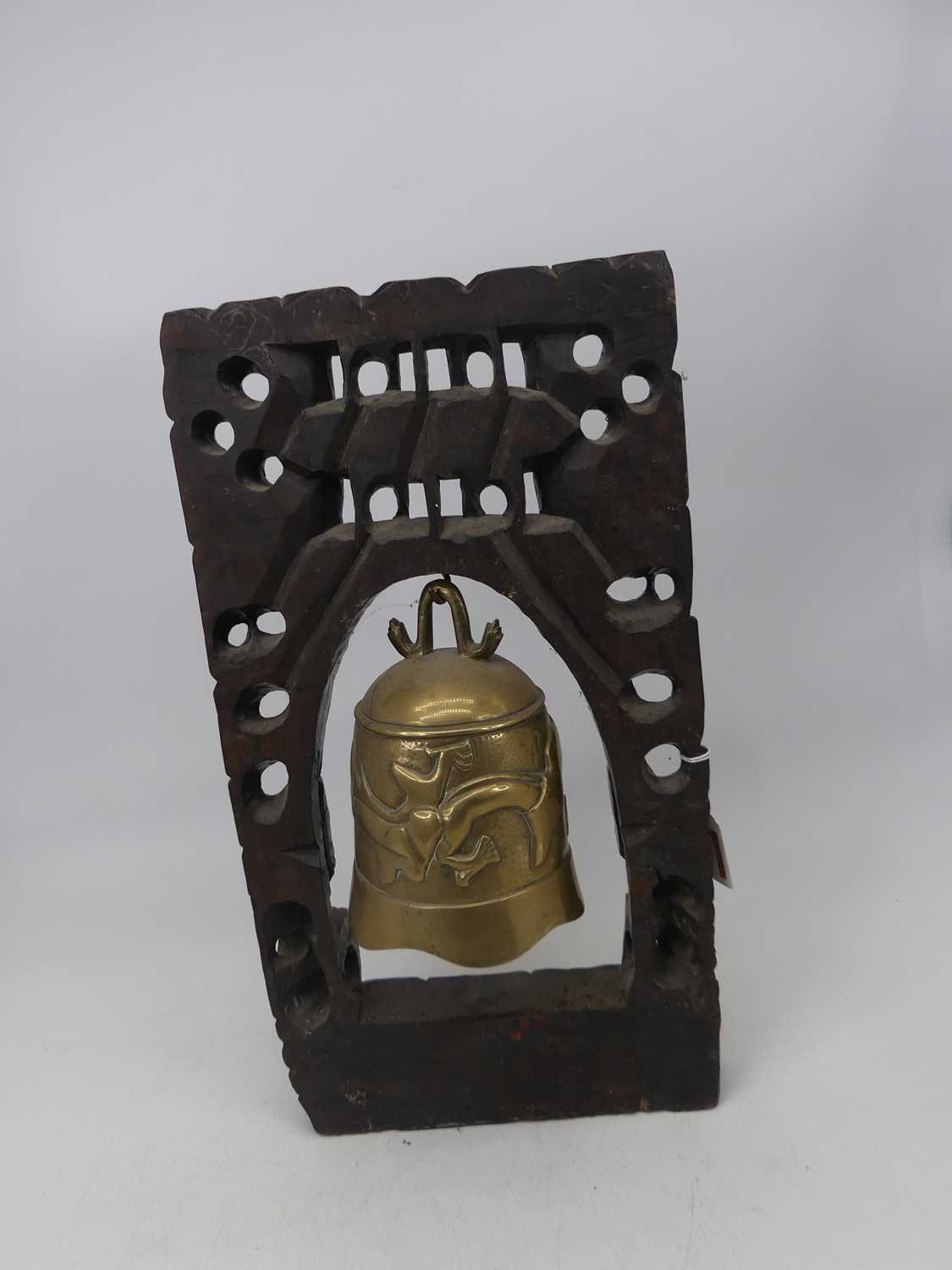 A 20th century temple bell, relief decorated with a dragon, suspended from a carved and pierced - Image 3 of 3