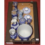 A box of miscellaneous china, to include an unmarked but probably Wedgwood blue jasperware cachepot,