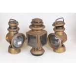A pair of vintage Powell & Hammer brass carriage lamps, h.26cm; together with a further vintage