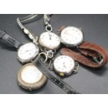 Assorted silver pocket and wrist watches to include engraved keyless ladies pocket watch (5)