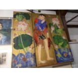 A late 20th century Far Eastern triptych, acrylic on canvas, full dimensions 150 x 150cm