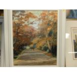 Sheelah Michalski (c20th) - Figures on an autumnal Suffolk lane, oil on artist board, signed and