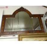 A late Victorian oak and burr oak overmantel mirror, w.123cm