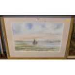 Mid 20th century English school - Boats on the estuary at sunset, watercolour, indistinctly signed