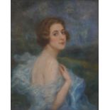 1920s French school - Half-length profile portrait of a woman wearing a blue flowing frock, oil on