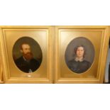 A pair of Victorian portrait studies, being overpainted prints, each framed as an oval, 44 x 35cm