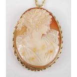 A 9ct yellow gold oval shell cameo brooch/pendant, depicting a classical female with a harp within a