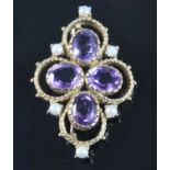 A 9ct yellow gold, amethyst and pearl brooch, featuring a quatrefoil of oval faceted amethysts