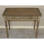 A Regency polychrome painted pine bowfront two drawer side table, raised on ring turned supports,