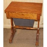 An early Victorian birds-eye maple work table, having single frieze drawer over basket drawer, to