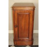 A Victorian mahogany round cornered single door bedside cupboard on plinth, h.83.5cm, w.42cm, d.