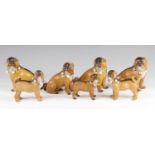 After Meissen, a collection of seven porcelain models of pugs, probably Conta and Bochme, late