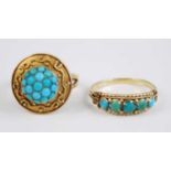 Two late Victorian yellow metal turquoise rings, being a target ring with a central cluster of
