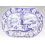 A Leeds blue and white transfer decorated meat dish, circa 1820, in the 'Italian Scenery' pattern,