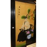 A Chinese reproduction painted porcelain panel depicting a young musician, 110 x 55cm, in black