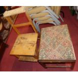 A mahogany and floral needlework topped dressing stool, together with a folding metamorphic chair (