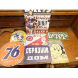 Seven various reproduction printed tin advertising signs, to include, Michelin, Union 76 Gasoline