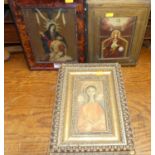 An early 20th century oak framed religious icon, 17 x 13cm; together with The Crucifixion of Christ,