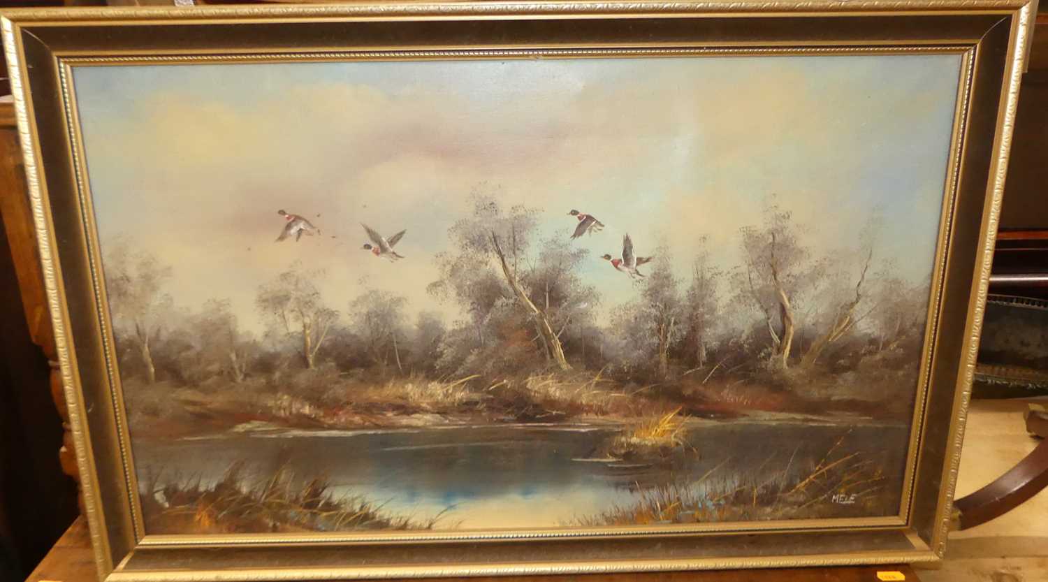 Contemporary school - Ducks above the marshes, oil on canvas, bears signature lower right, 45 x