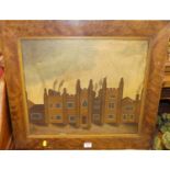 Mid-19th century English school - Study of a country house with smoking chimney stacks, oil on