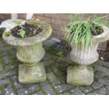 A pair of reconstituted stone pedestal garden planters, in the classical taste, height 49cm, dia.