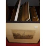 A box of assorted pictures and prints to include topographical views of Bury St Edmunds