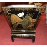 A contemporary Japanese black lacquered and gilt decorated square coal bucket, with removable