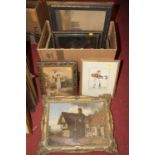 A box of assorted pictures and prints to include Stonehenge watercolour, 19th century school oil