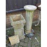 Reconstituted stone garden effects to include; fluted pedestal plant stand, height 77cm, square