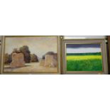 John Clark - Haystacks, oil on canvas, signed lower left, 50 x 75cm; and Anthony Kinsey - Rapefield,