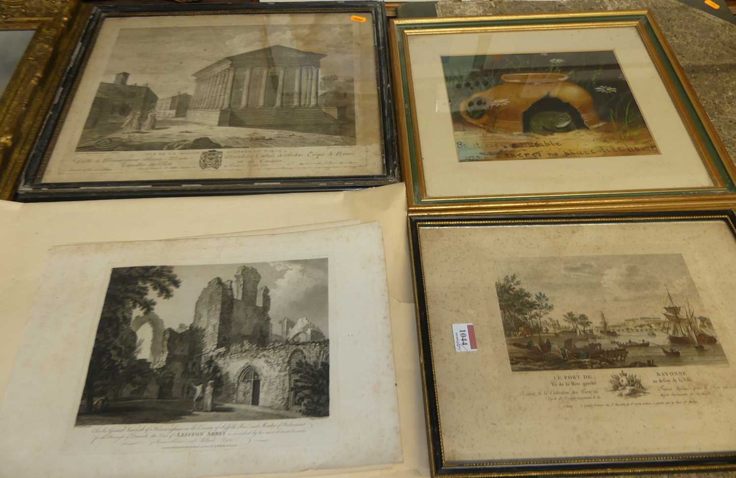 Assorted pictures and prints to include continental topographical engraving, pastel study,