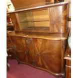 A Belgian Art Nouveau oak side cabinet, having variegated rouge marble top, the twin glazed