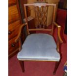 An Edwardian mahogany and satinwood inlaid splatback single elbow chair, with blue dralon