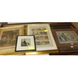 Assorted pictures and prints to include Cruikshank satirical engraving