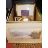 Mixed lot to include a wall clock, and various pictures and prints to include a coastal scene