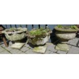 A pair of reconstituted stone circular squat pedestal garden planters of heavy floral classical