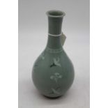 A Japanese export bottle vase on a pale green ground decorated with birds in flight having character