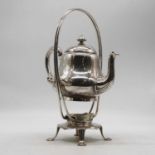 A French Art Nouveau silver plated spirit kettle on stand by Christofle, the kettle of lower bellied