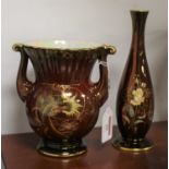 A Crown Devon Fieldings red lustre twin handled vase, h.15cm; together with a similar bud vase (2)