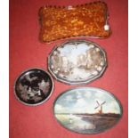 A collection of trays, to include an Edwardian marquetry inlaid twin handled drinks tray, w.60cm (