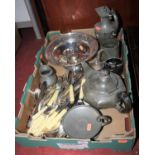 A collection of silver plated and other metal ware, to include a pewter teapot and a silver plated