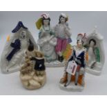 A collection of five Victorian Staffordshire flatback figures, the largest h.25cm