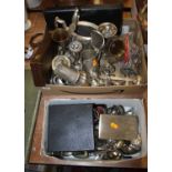 Two boxes of silver plated wares, to include an Art Deco cigarette case, teapot etc