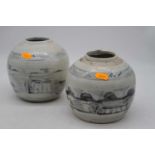 Two Chinese export stoneware ginger jars, each of squat circular form, underglaze blue decorated
