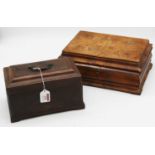 A George III mahogany tea caddy, w.25cm; together with a quarter veneered walnut work box, w.33cm (