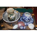 A collection of Asian ceramics to include a Chinese blue and white ginger jar in the Prunus pattern