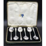 A set of six mid 20th century silver teaspoons in fitted leather case, maker John Round