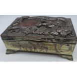 A Japanese plated copper box, relief decorated with a dragon before a mountain, w.25cm