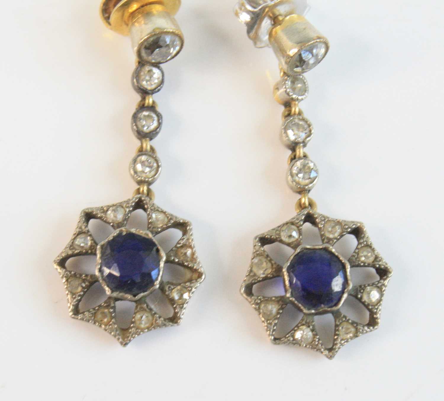 A pair of late Victorian yellow and white metal circular cluster drop earrings, each featuring a - Image 2 of 3
